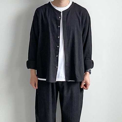 언더70 셋업 코지 린넨 라운딩 자켓셔츠 (블랙) - 키작은남자 쇼핑몰