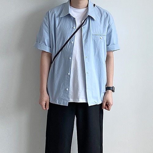 언더70 스트링 오버핏 반팔셔츠 (소라) - 키작은남자 쇼핑몰